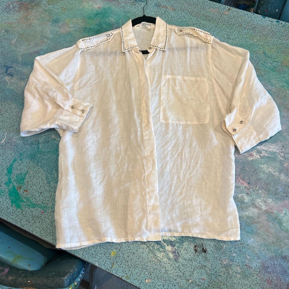 Italian Linen & Rhinestone Button Down